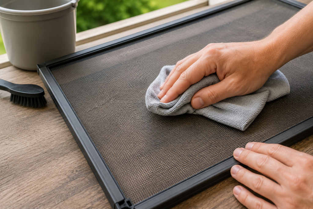 Homeowner cleaning dirt and debris from a window screen and frame using a cloth and brush indoors