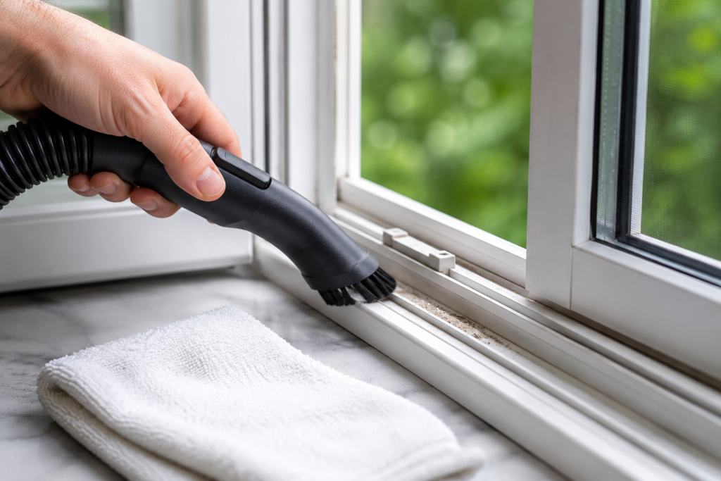 Homeowner cleaning dirt and debris from a sliding window track using a brush and cloth inside a residential home
