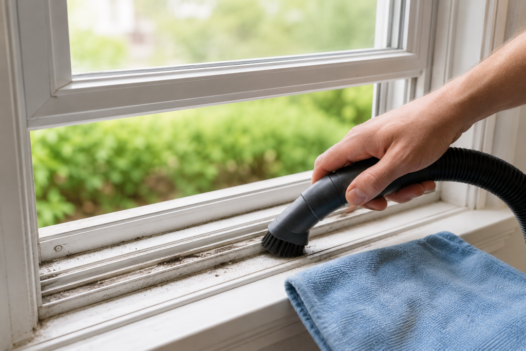 Cleaning dirt and debris from residential window tracks to improve window movement and prevent sticking problems for window won't stay open