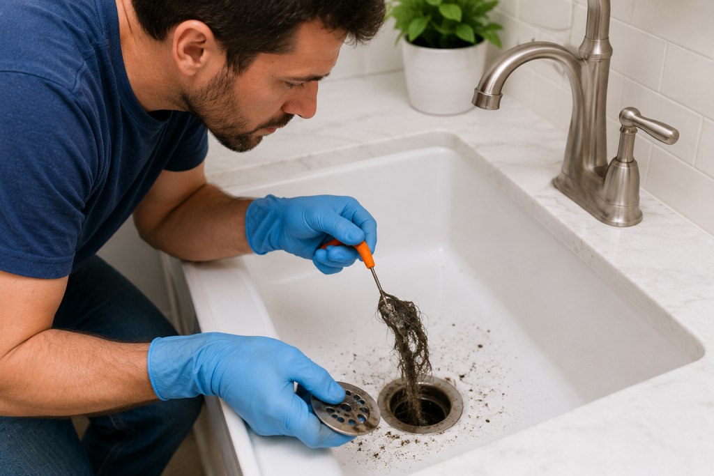 homeowner removing hair and debris from a sink drain during annual plumbing maintenance cleaning and inspection
