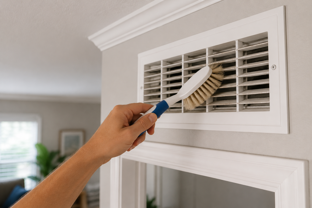 Cleaning dust from a home HVAC air vent during routine maintenance