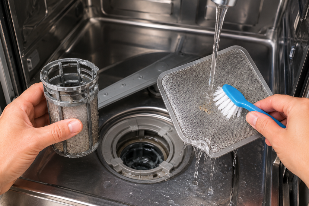 Hands removing and cleaning a dirty dishwasher filter under running water to improve cleaning performance and prevent white residue on dishes