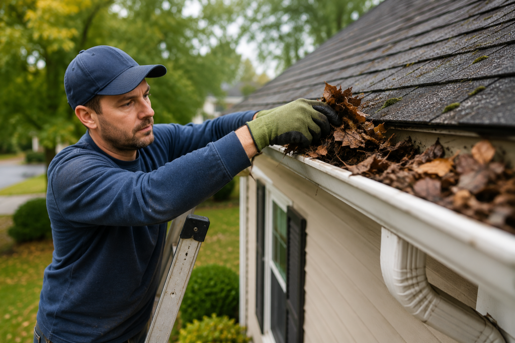 Cleaning leaves and debris from residential rain gutters during home maintenance