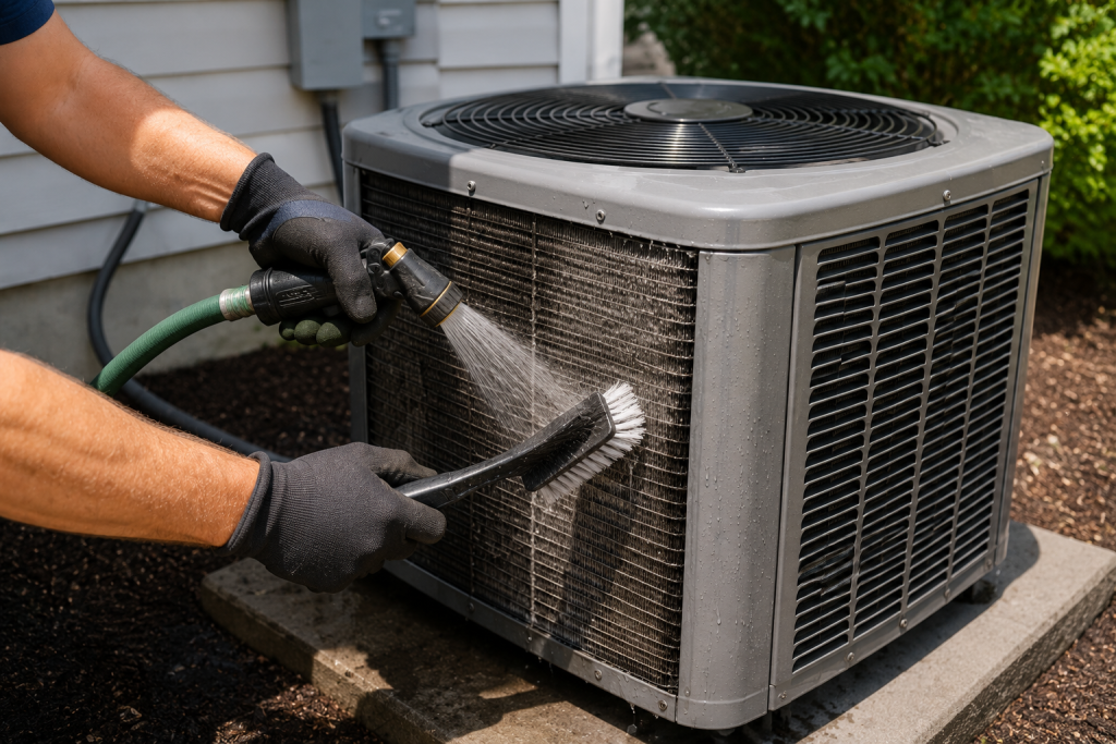 Cleaning an outdoor air conditioner condenser unit with a garden hose during HVAC maintenance