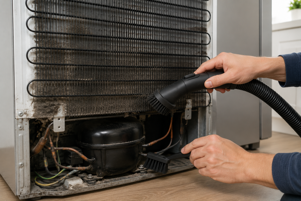 Cleaning dusty condenser coils underneath a refrigerator with a vacuum brush to troubleshoot a Samsung refrigerator 22E error code