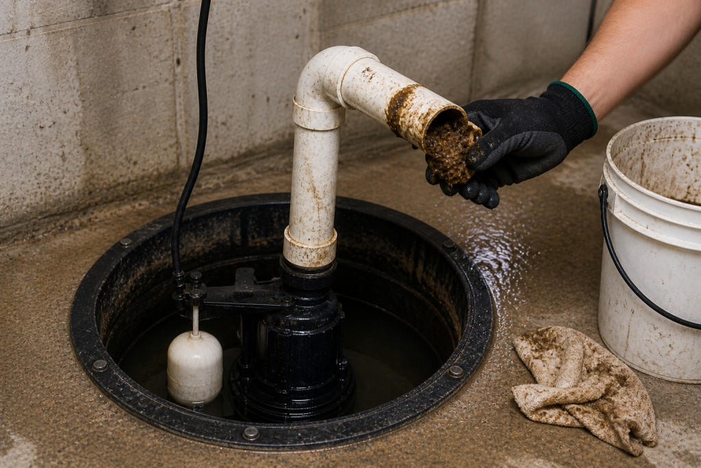 Homeowner checking a clogged sump pump discharge pipe in a basement utility area with visible debris blockage