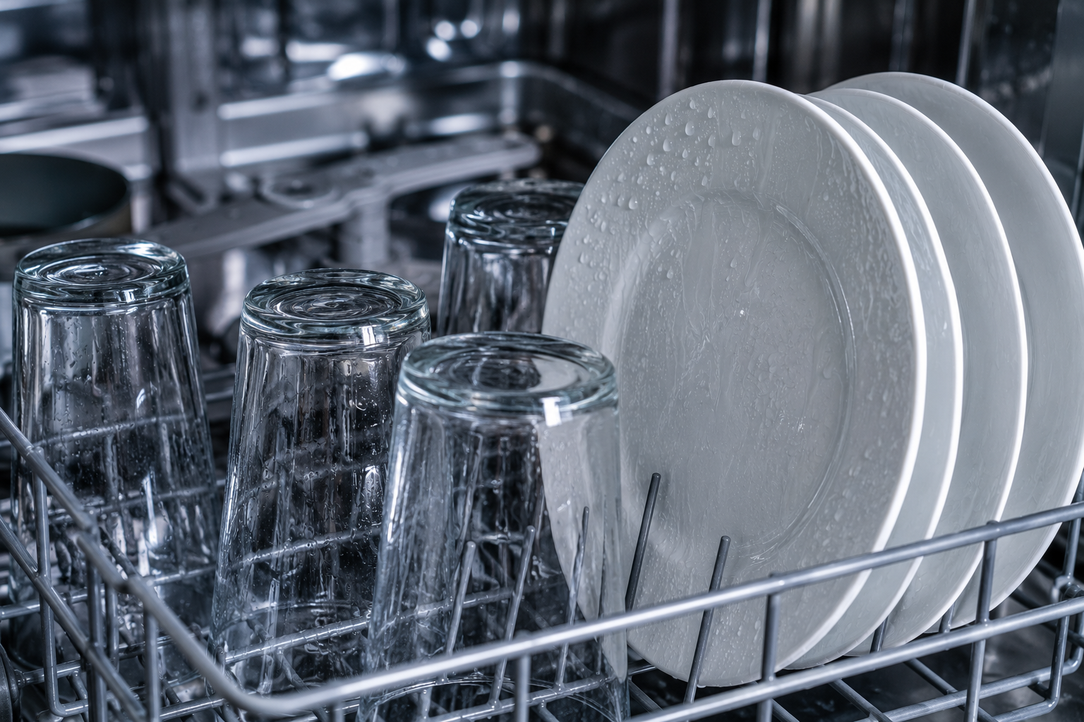 Cloudy drinking glasses and dishes inside an open dishwasher with visible white residue and water spots on the glassware