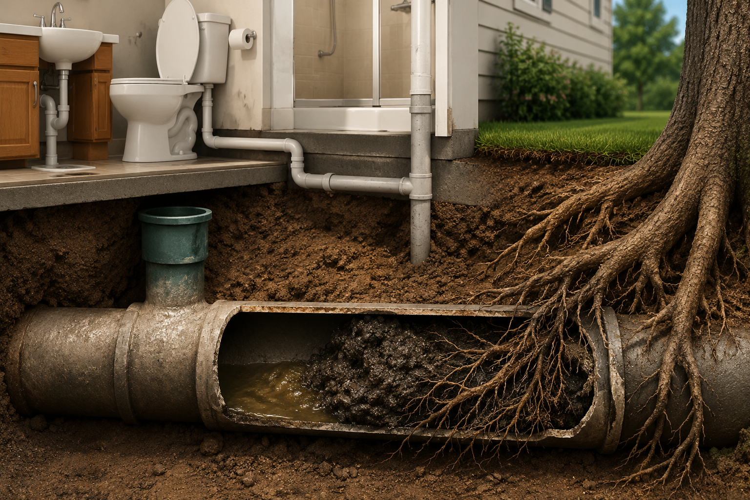 Cutaway view of a home sewer line clogged with tree roots and debris causing plumbing drainage problems inside the house