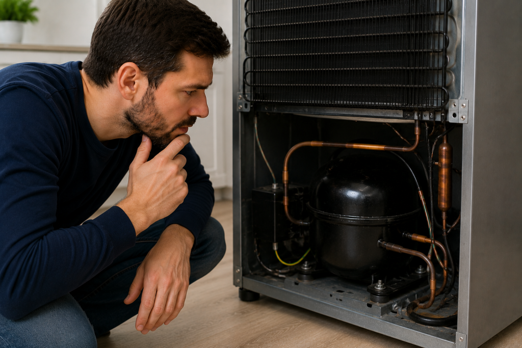 Appliance repair technician inspecting the compressor and rear mechanical components of a refrigerator during troubleshooting for loud refrigerator noises in a modern kitchen