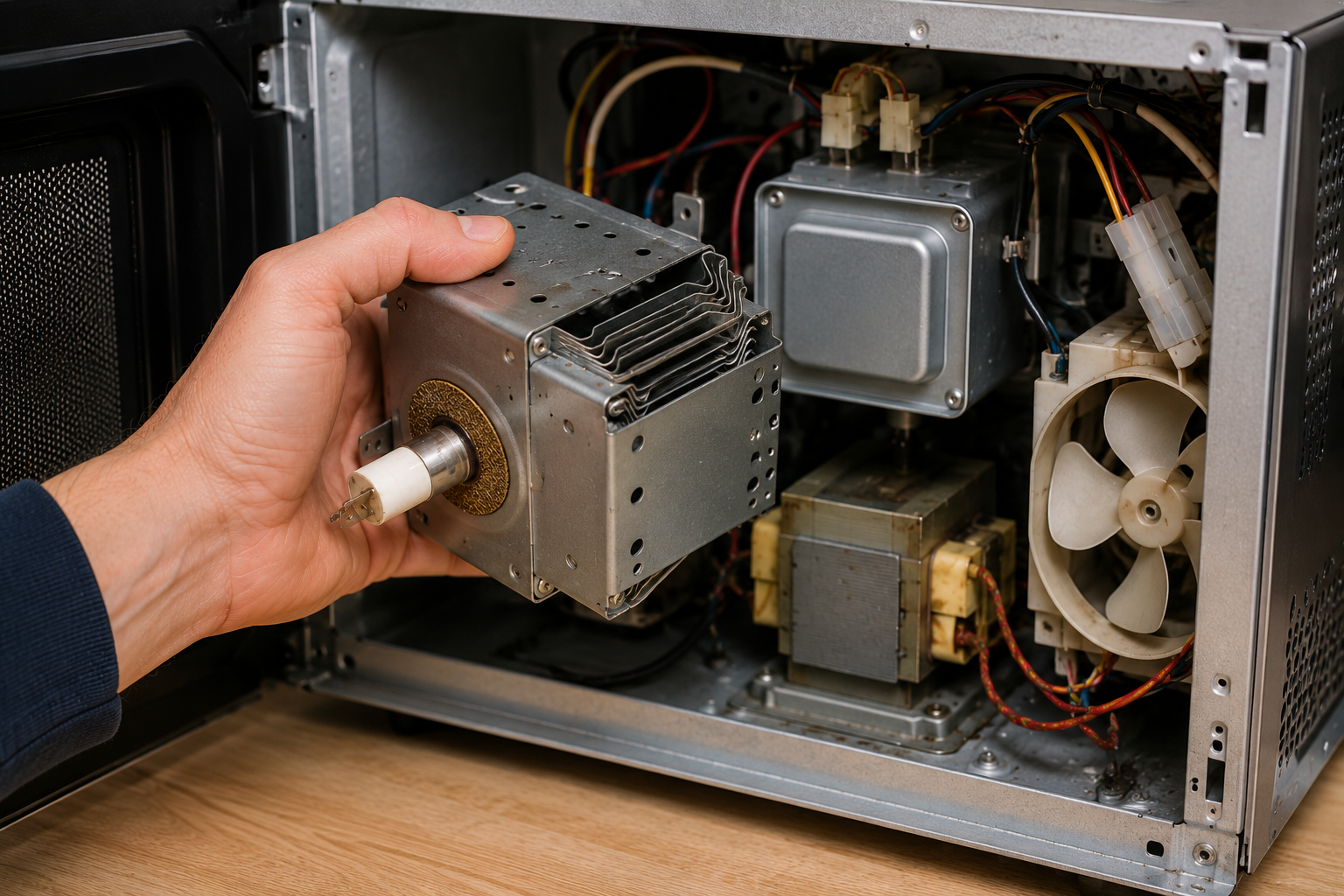 Technician inspecting the magnetron component inside an open microwave during microwave not heating failure troubleshooting