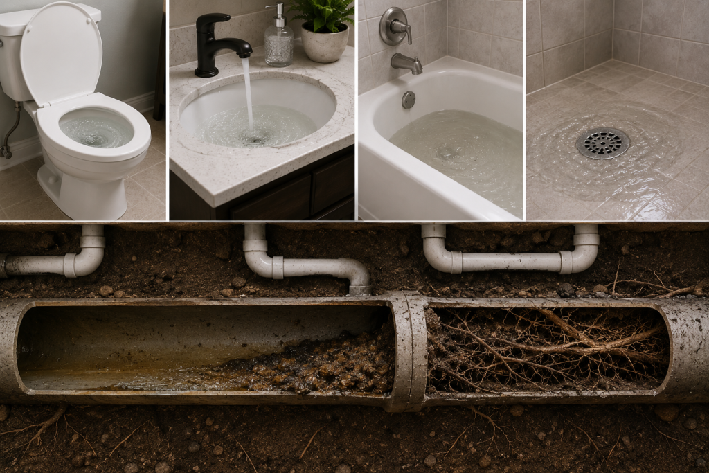 Underground residential sewer pipe clogged with tree roots and debris causing toilet gurgling and drainage problems throughout the home