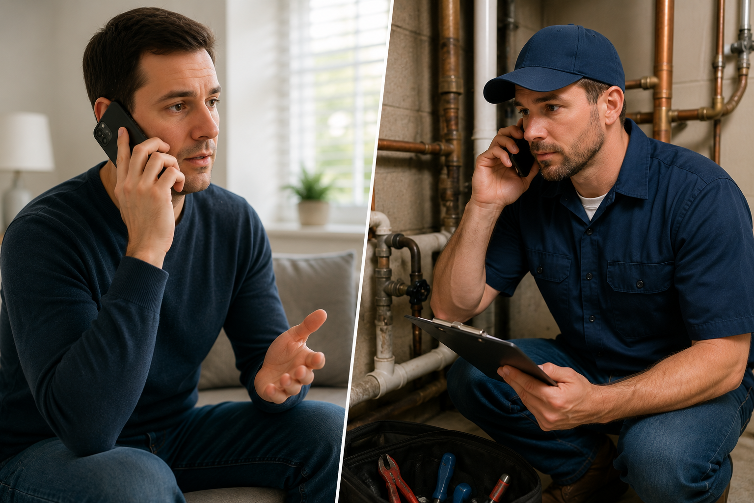 Homeowner calling a plumber about persistent low water pressure while plumber discusses plumbing issues over the phone in a utility room