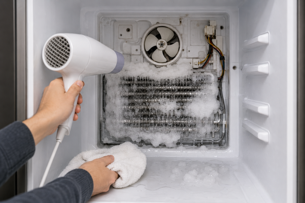 Defrosting ice buildup inside an LG refrigerator freezer compartment to restore airflow and cooling performance