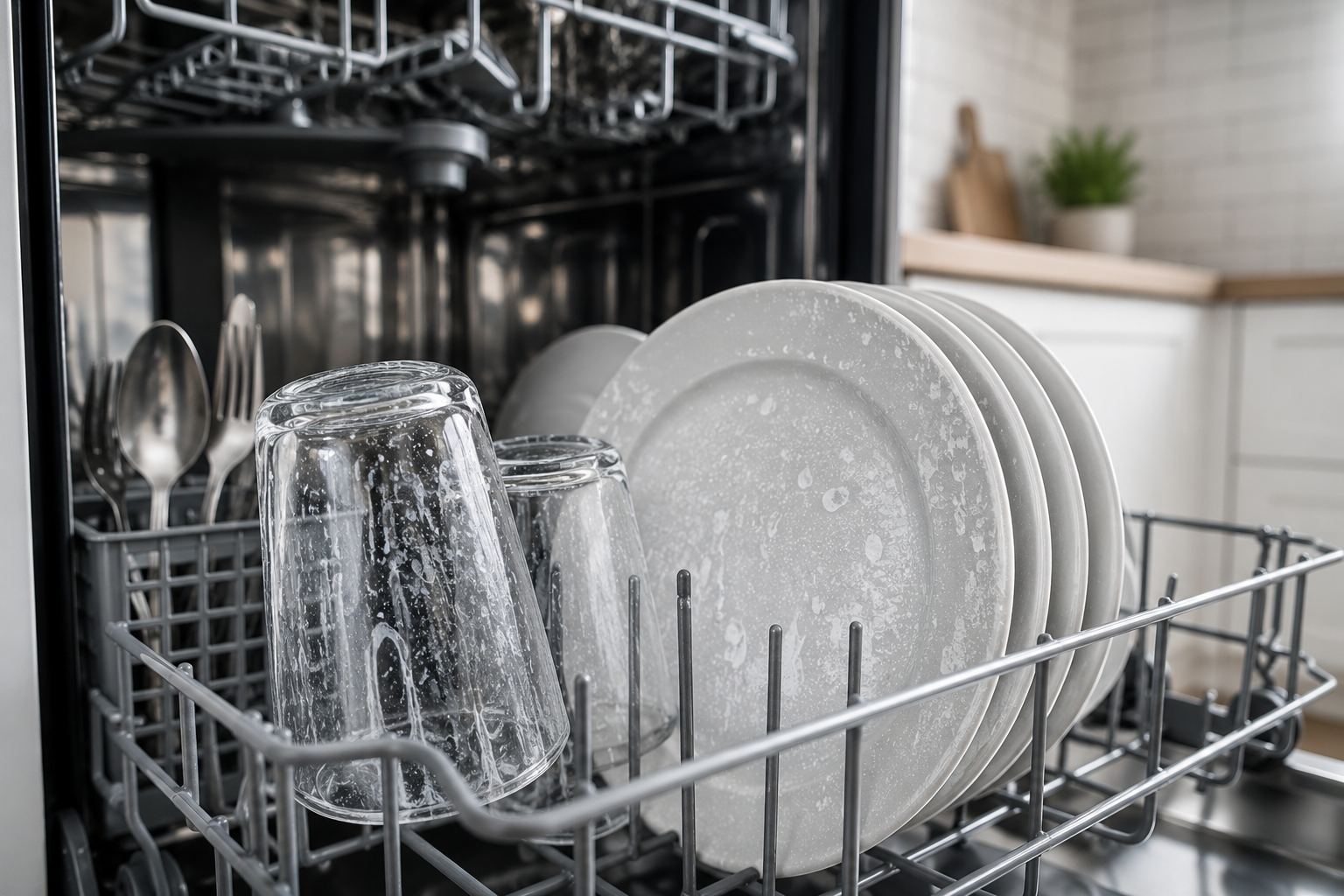 Open dishwasher with cloudy glasses and white mineral residue on dishes caused by hard water and detergent buildup