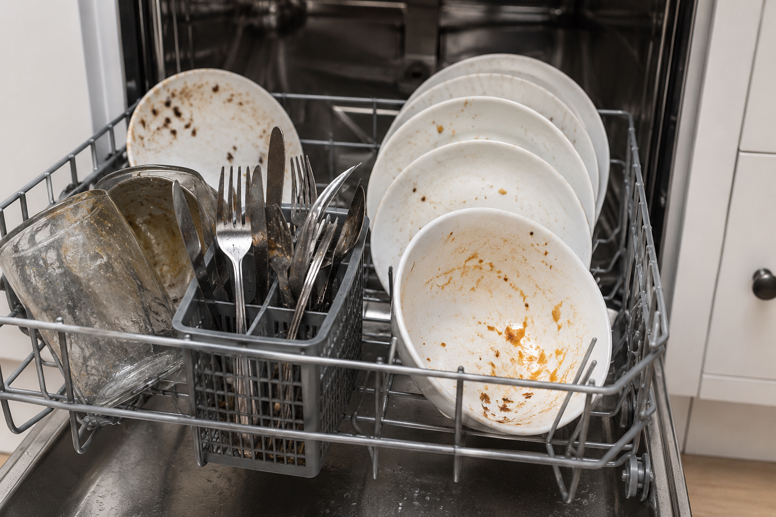 Open dishwasher filled with dirty dishes and utensils after a failed wash cycle