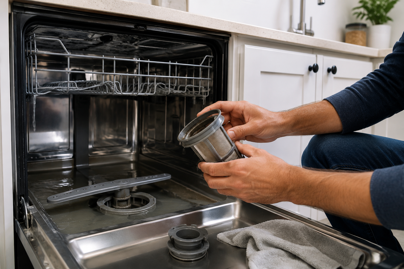 Open dishwasher with homeowner cleaning the dishwasher filter to fix draining problems in a modern kitchen