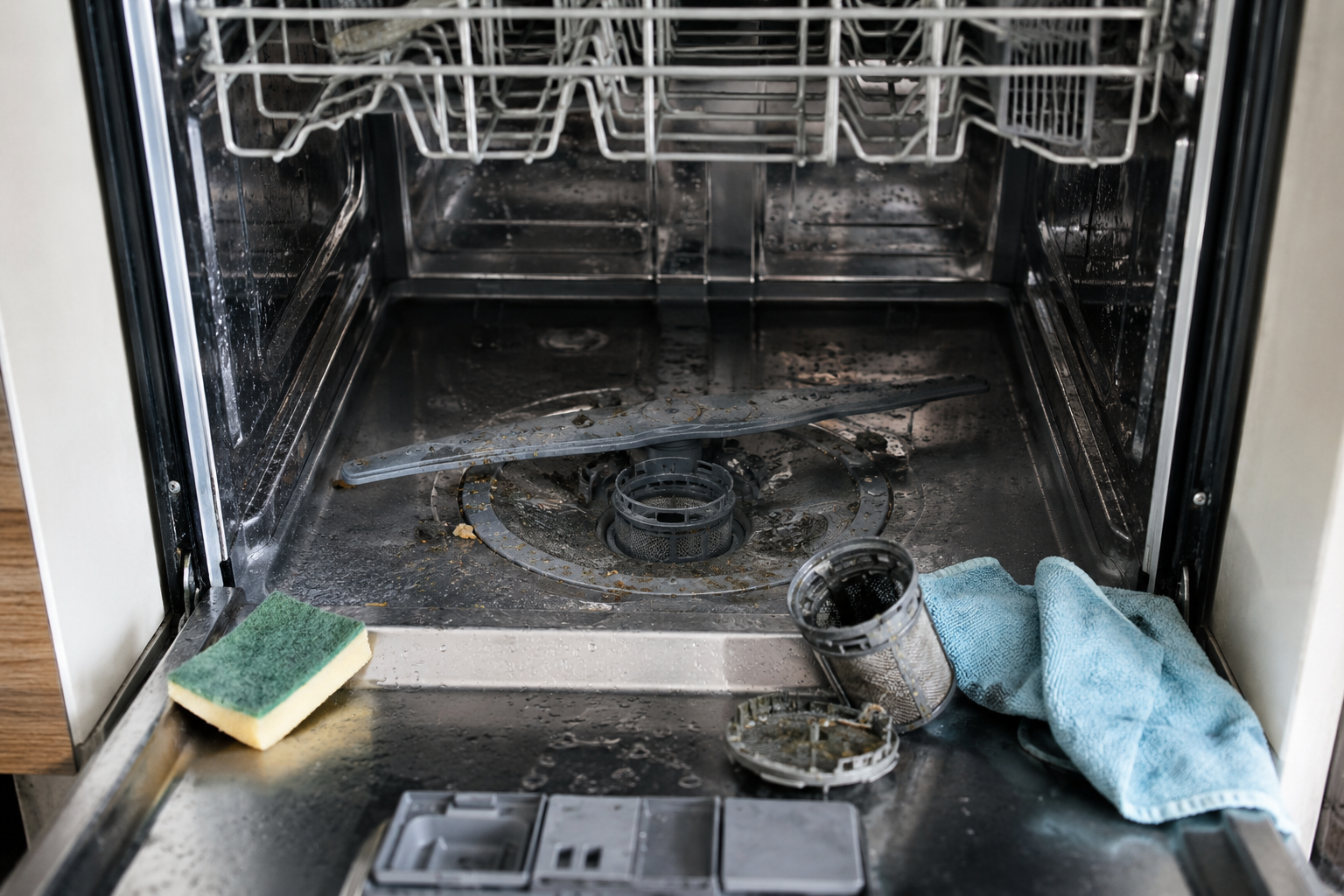 Dirty dishwasher interior with removable filter and cleaning supplies during odor removal maintenance