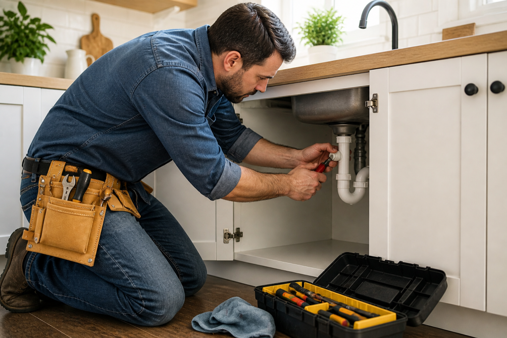 Homeowner performing DIY plumbing repair under kitchen sink with tools and organized workspace