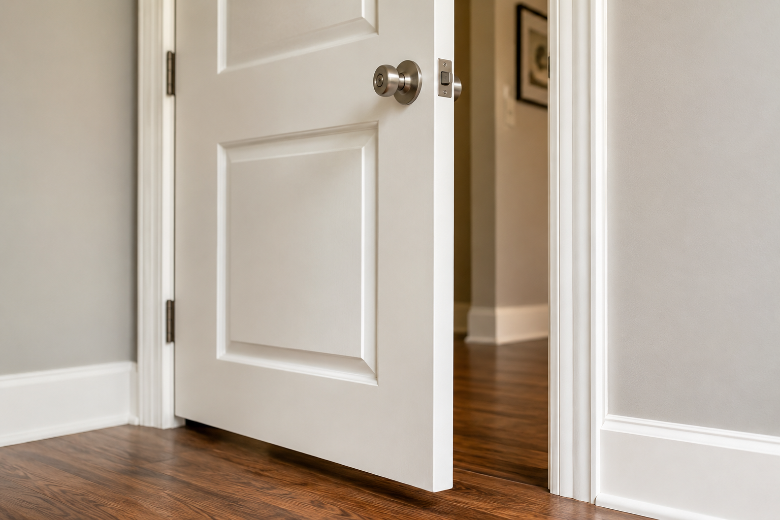 white interior door slightly open in a modern home hallway with visible door latch and hardwood floors