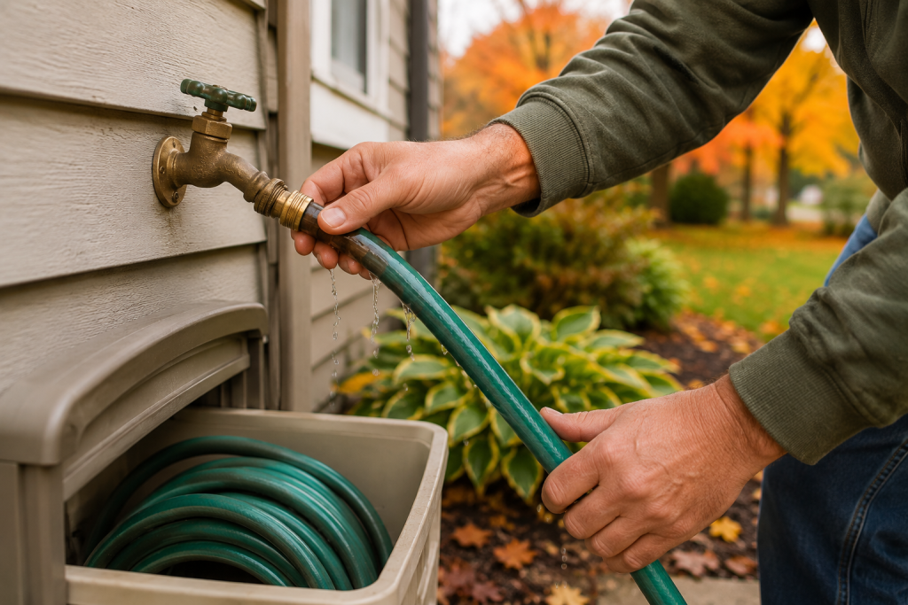 Disconnecting and draining garden hose from outdoor faucet during fall home maintenance before winter freeze