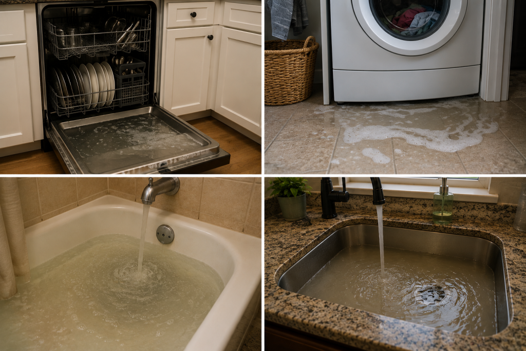 Washing machine draining while nearby toilet and shower show water backup symptoms caused by a clogged sewer line