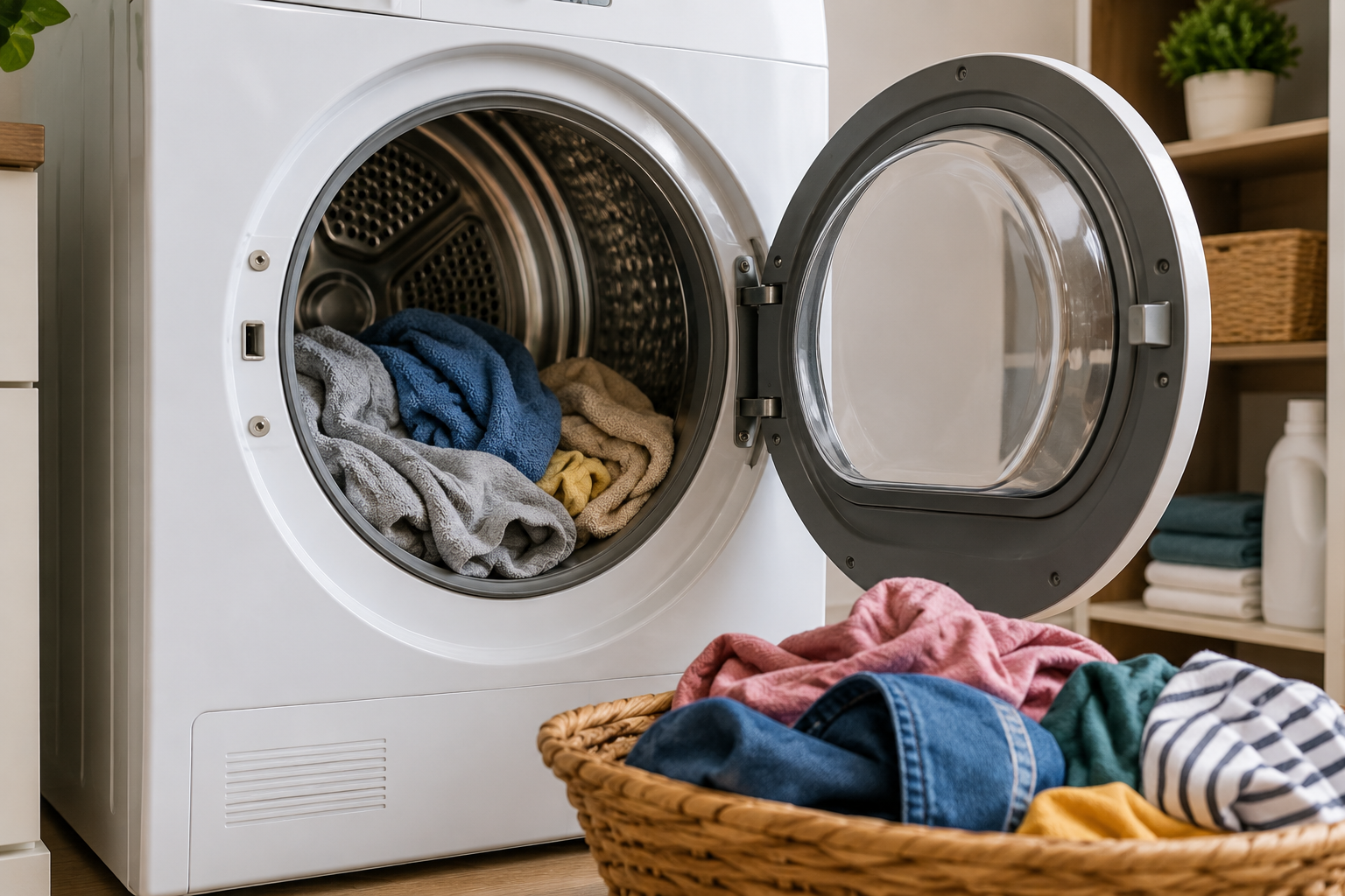 Modern laundry room with clothes dryer running and damp clothes inside dryer drum while homeowner checks appliance performance