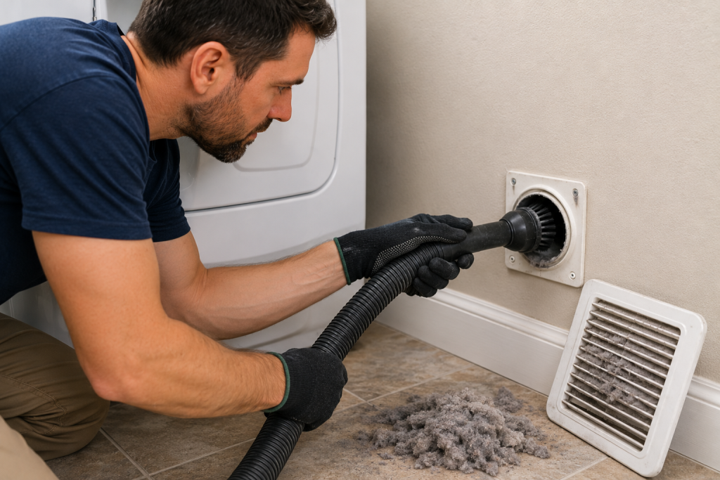 Cleaning lint from a dryer vent during monthly home maintenance