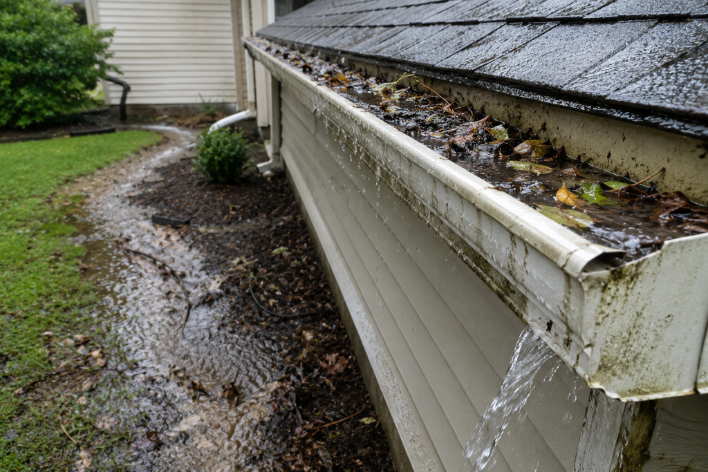 Rain gutters overflowing near a home foundation with standing water and poor exterior drainage contributing to musty odors inside the house
