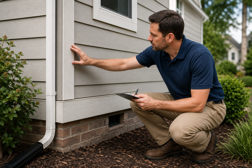 Inspecting the exterior siding and foundation of a home during monthly maintenance