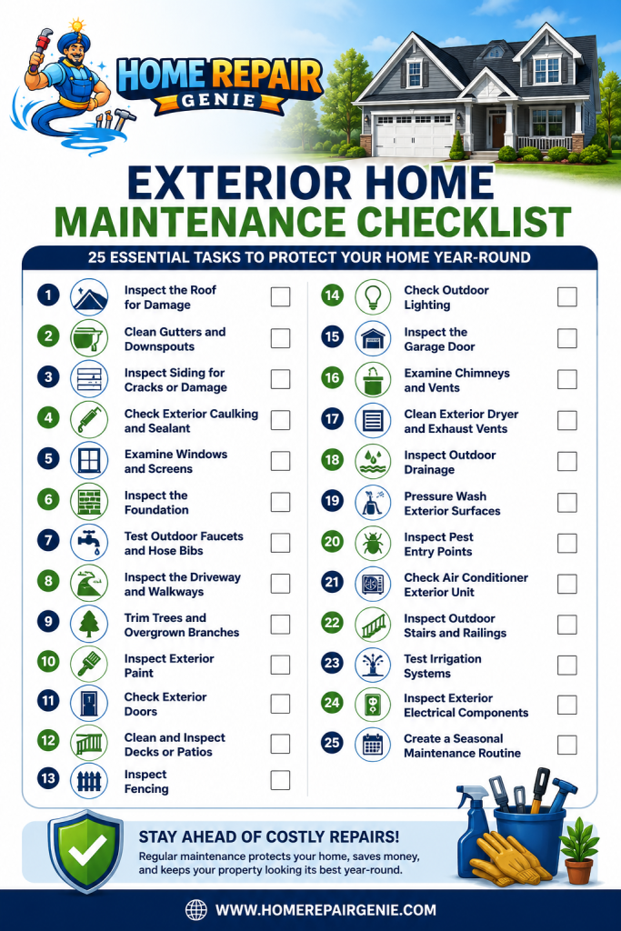 Exterior home maintenance checklist overview graphic with Home Repair Genie logo, seasonal home maintenance tasks, and homeowner inspection reminders for year-round upkeep