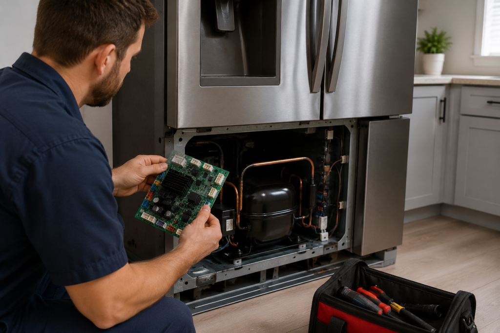 Appliance repair technician inspecting the rear access panel and compressor area of a stainless steel refrigerator in a modern kitchen during troubleshooting for a failed control board or compressor issue