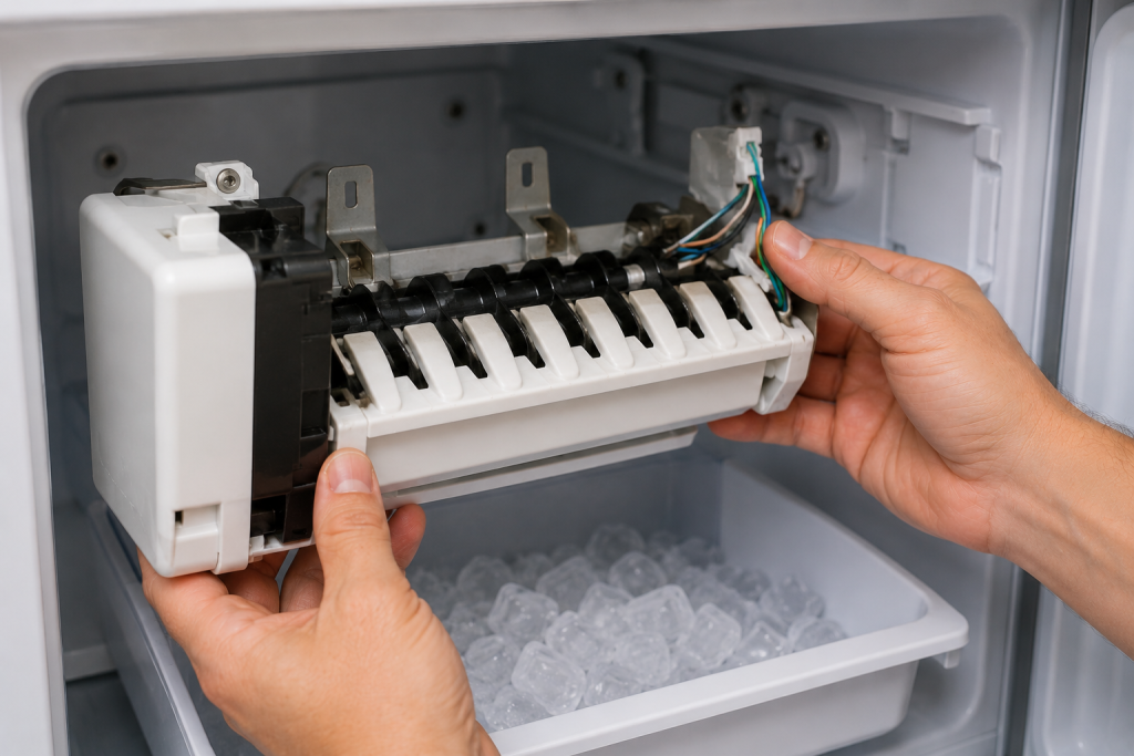 Homeowner inspecting refrigerator ice maker assembly and internal components inside freezer compartment to diagnose ice maker failure