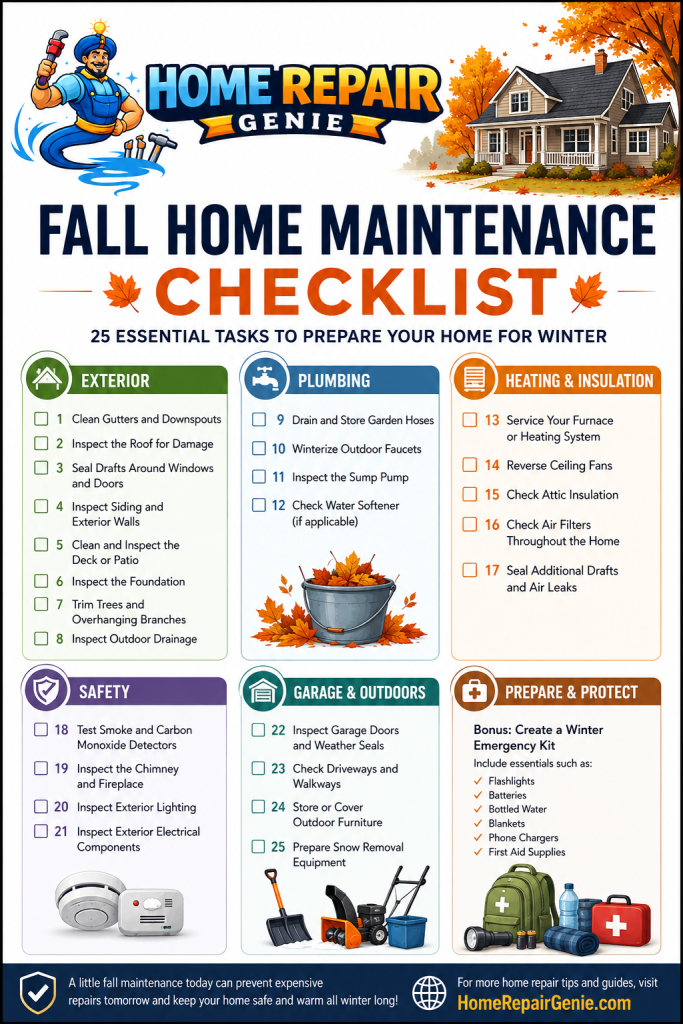 Fall home maintenance checklist overview graphic with Home Repair Genie logo, seasonal homeowner tasks, and winter preparation reminders for exterior home maintenance