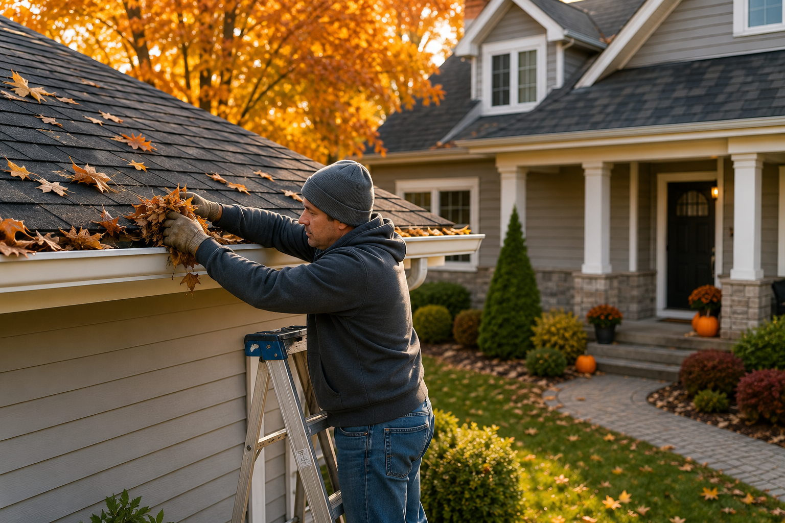Homeowner cleaning gutters during fall home maintenance with autumn leaves and suburban house exterior in background