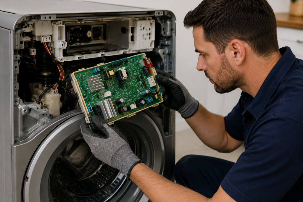 Appliance repair technician inspecting and replacing the electronic control board inside a front load washing machine during LG LE error troubleshooting in a modern laundry room