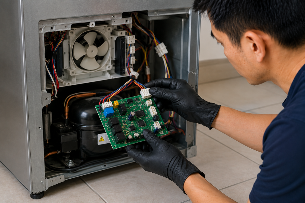 Technician inspecting the control board wiring and electrical connections behind an LG refrigerator while troubleshooting an IF error code caused by a faulty ice fan circuit, damaged wiring, or failed control board components