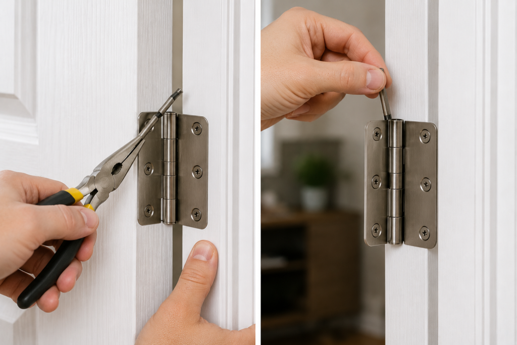 person straightening and removing a bent hinge pin on a white interior door using pliers during a door repair project