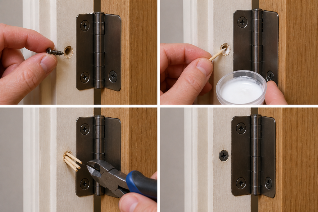 Repairing stripped screw hole in door hinge using wood glue and toothpicks