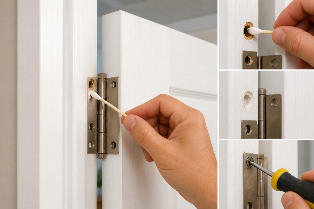 Repairing stripped screw holes on a door hinge using filler before reinstalling screws