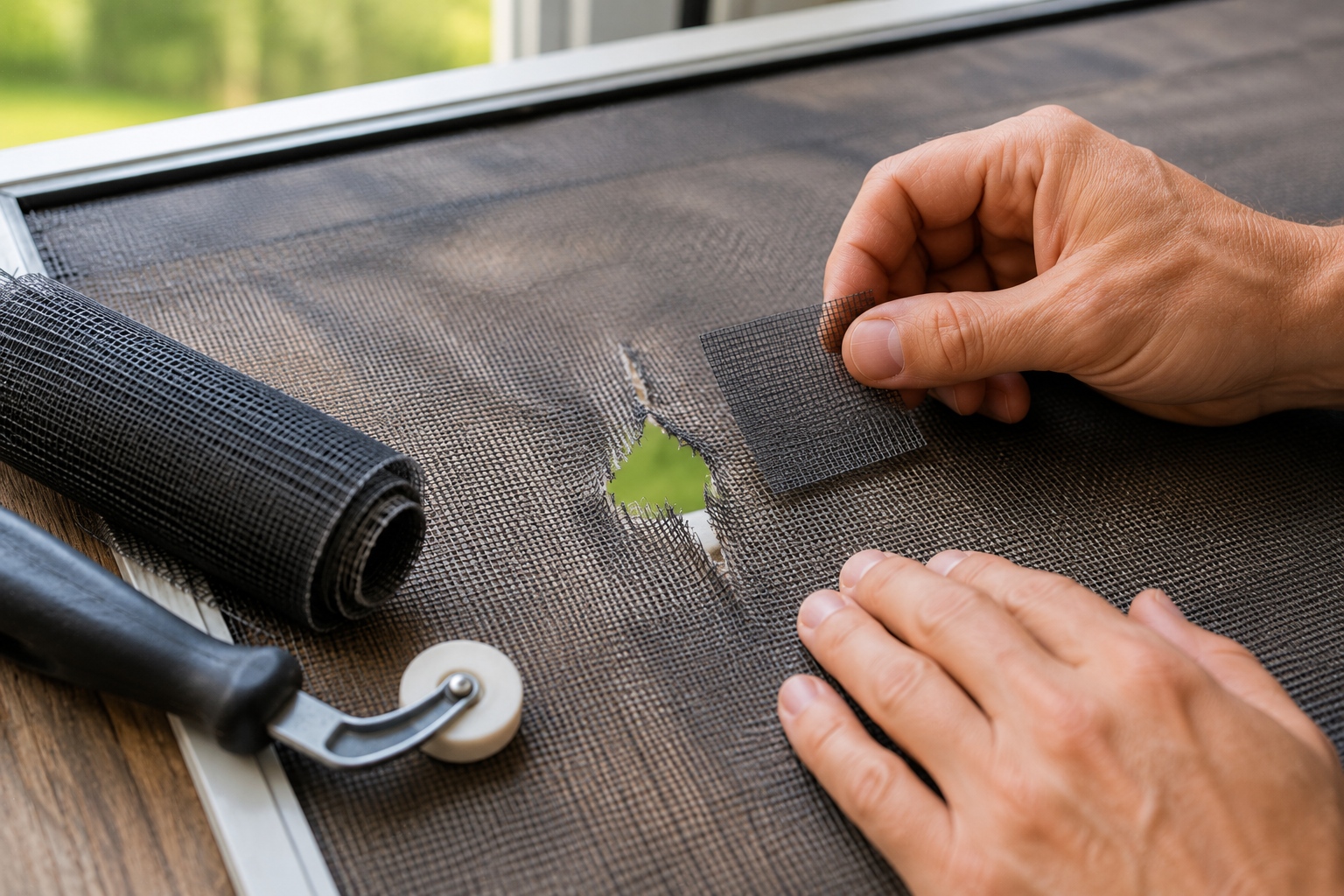 Damaged window screen with a small tear being repaired on a residential window frame inside a bright modern home