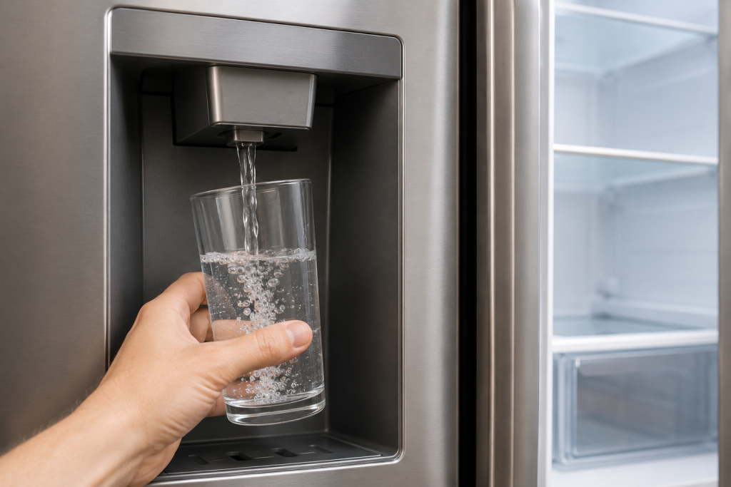 Hand holding a glass under a Whirlpool refrigerator water dispenser while flushing air from the water line after a filter change