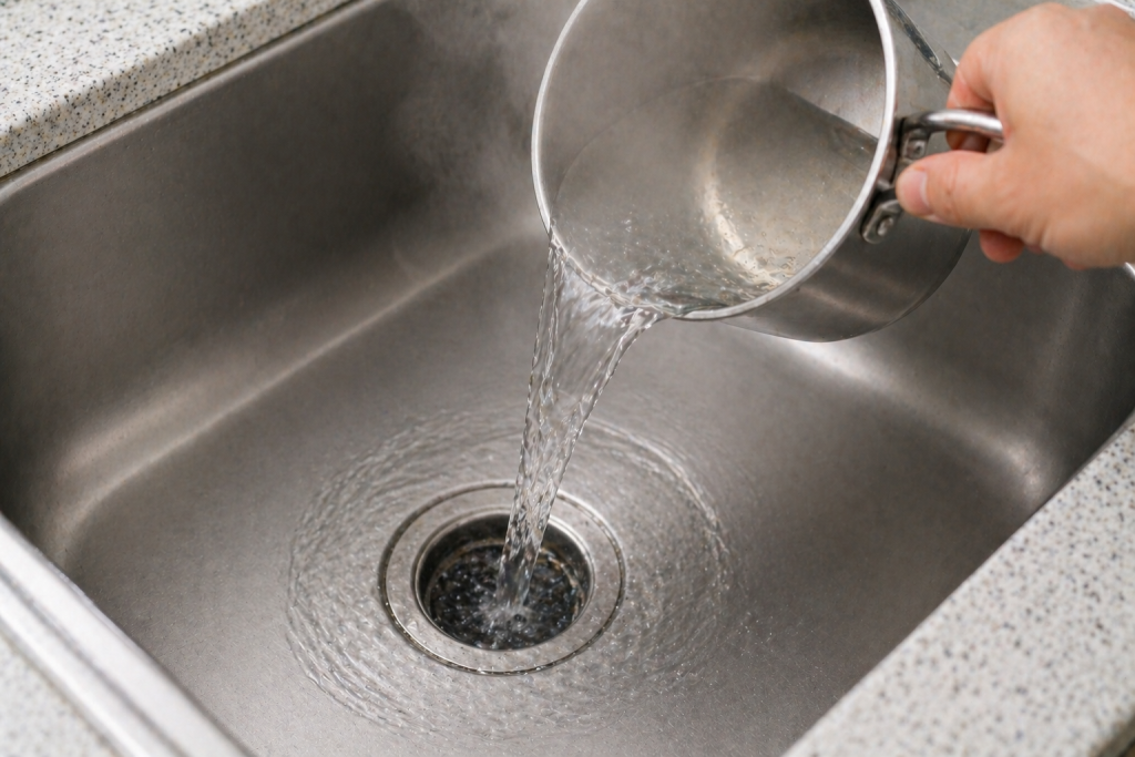 pouring hot water into sink drain to clear remaining clog