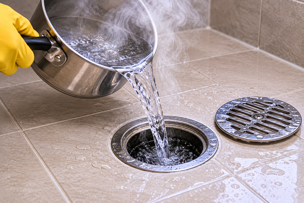 Hot water being poured into a shower drain to help dissolve a clog in a tiled bathroom shower floor