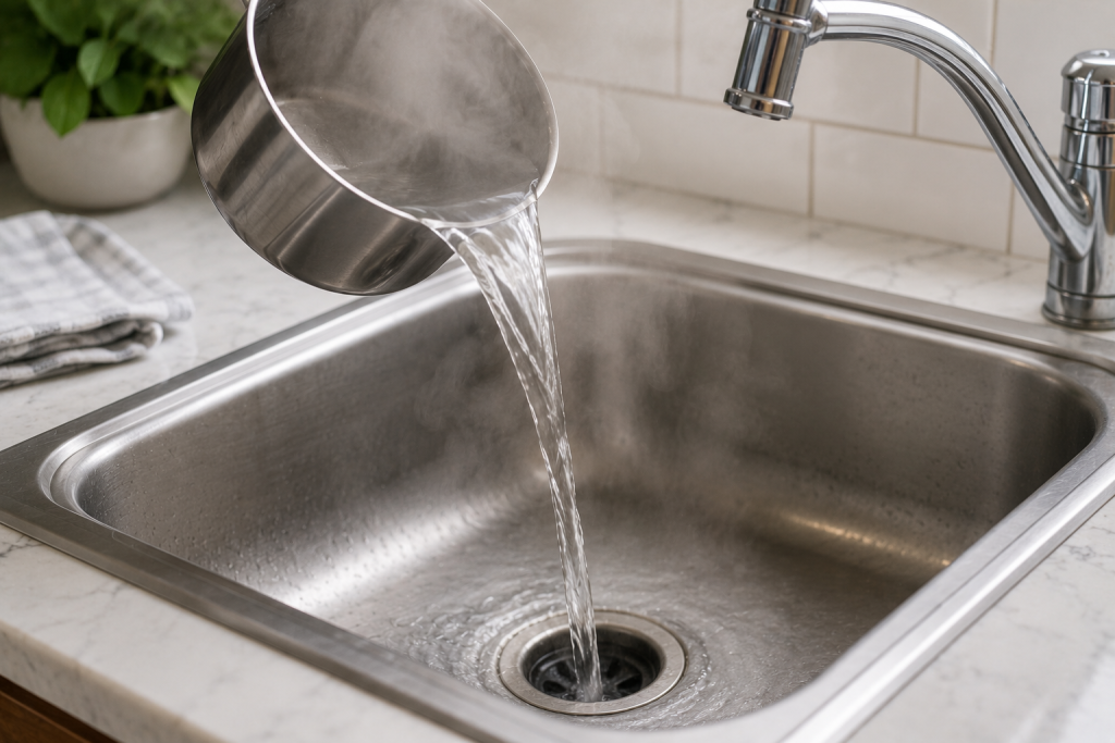 Hot water being carefully poured from a kettle into a bathroom sink drain to help clear a slow draining sink clog.