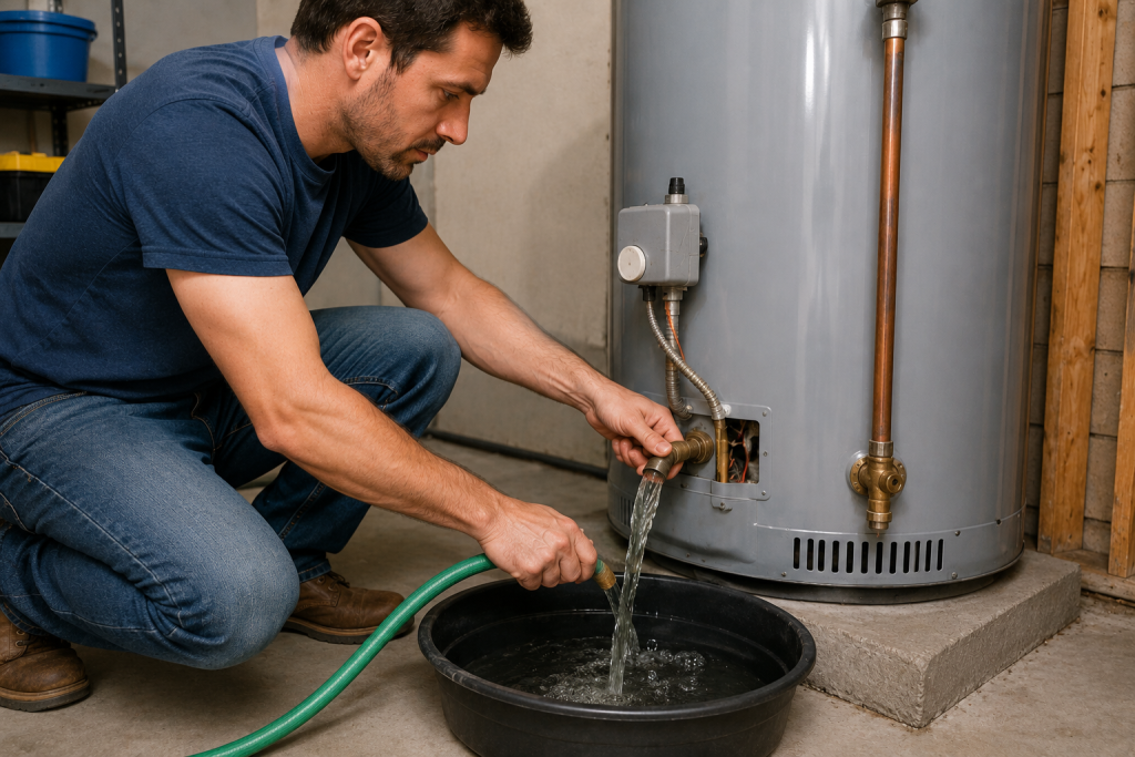 homeowner flushing a residential water heater using a garden hose during annual plumbing maintenance inspection