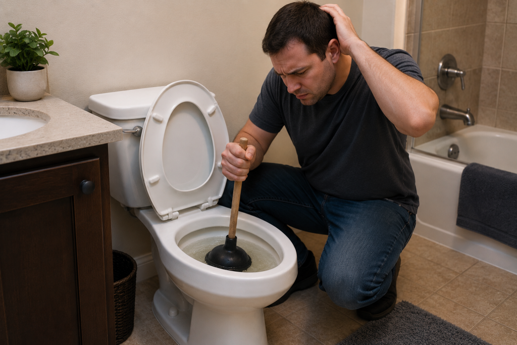 Homeowner repeatedly plunging a clogged toilet caused by a possible blockage in the main sewer line