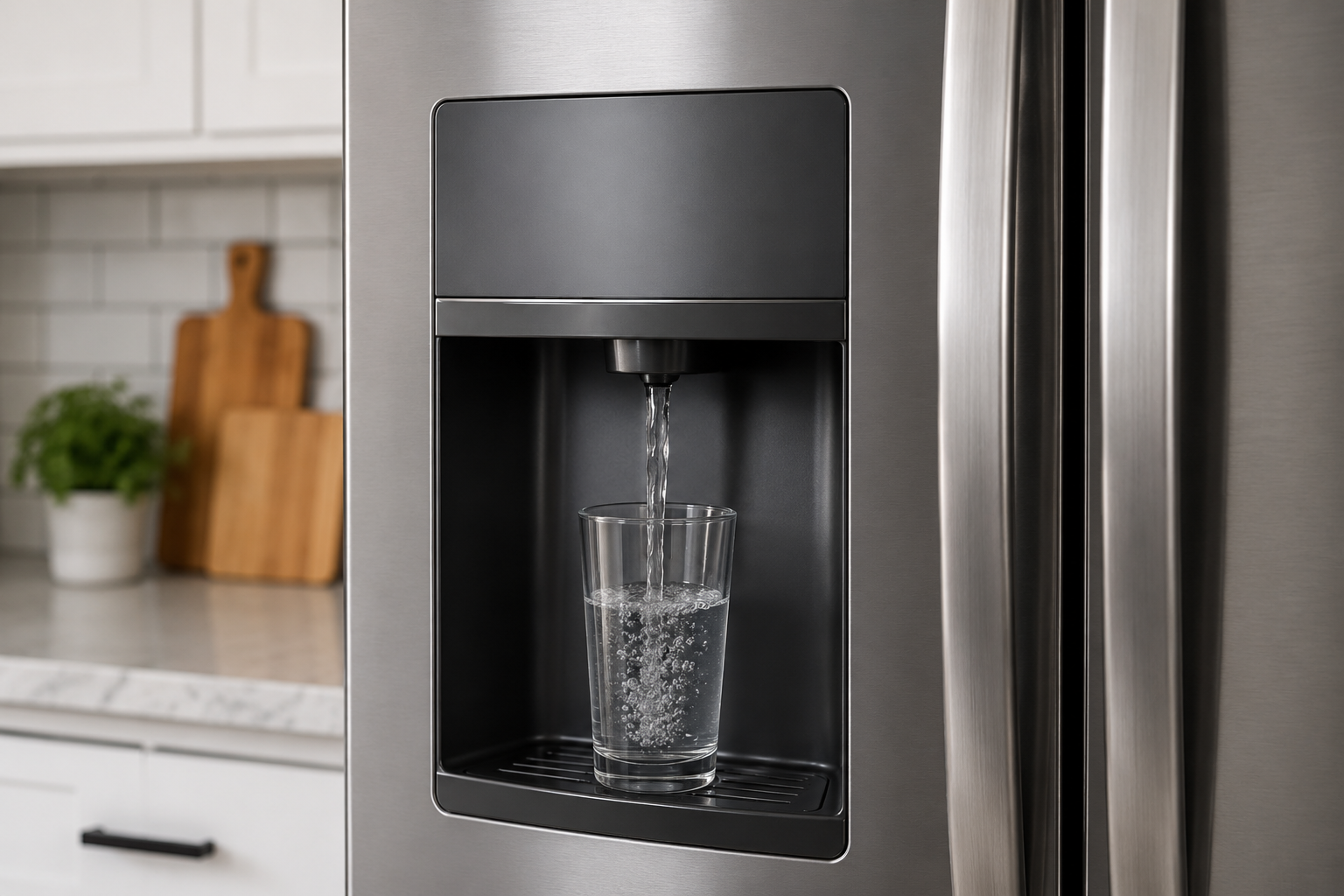 Frigidaire style stainless steel refrigerator water dispenser filling a glass with water in a modern kitchen