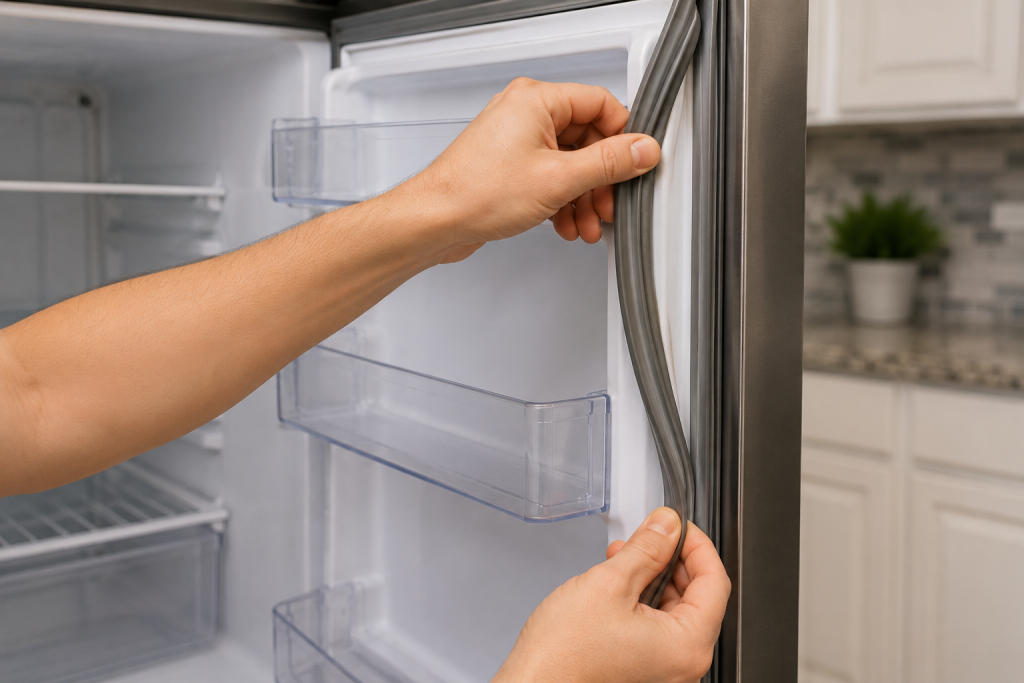Hand inspecting and pressing the freezer door gasket seal on a Frigidaire refrigerator to check for air leaks and frost buildup issues causing a SY EF error