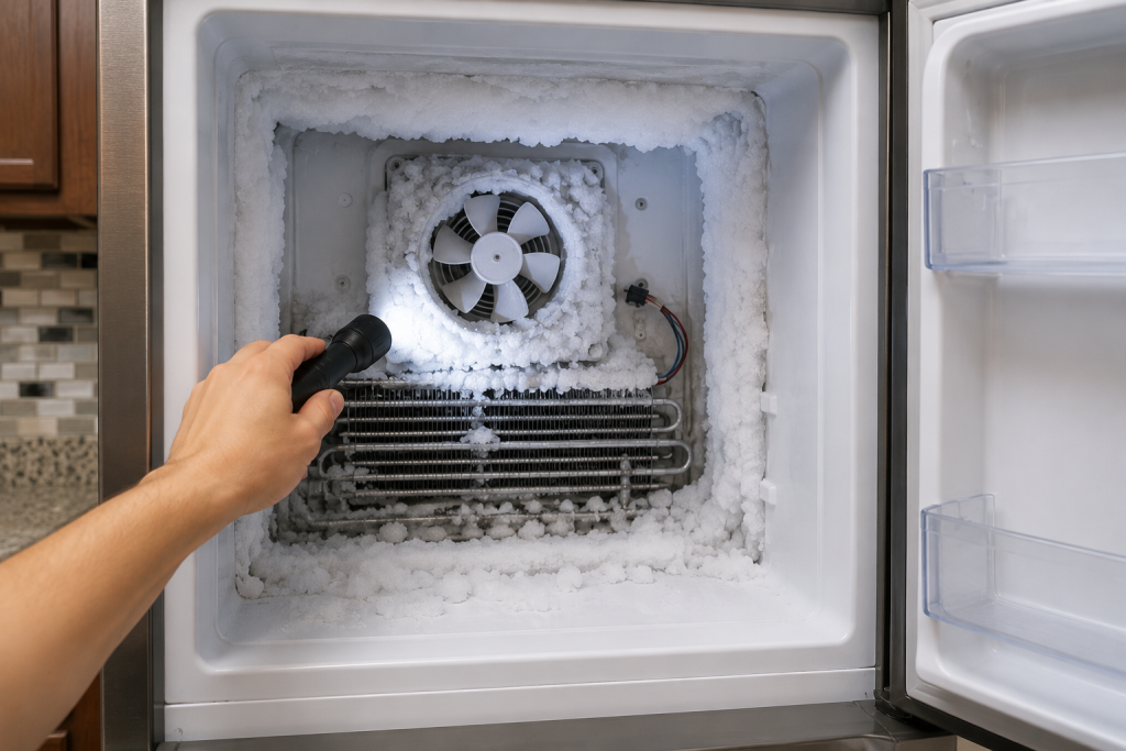 Frost and ice buildup surrounding the evaporator fan inside a Frigidaire freezer compartment during SY EF error troubleshooting