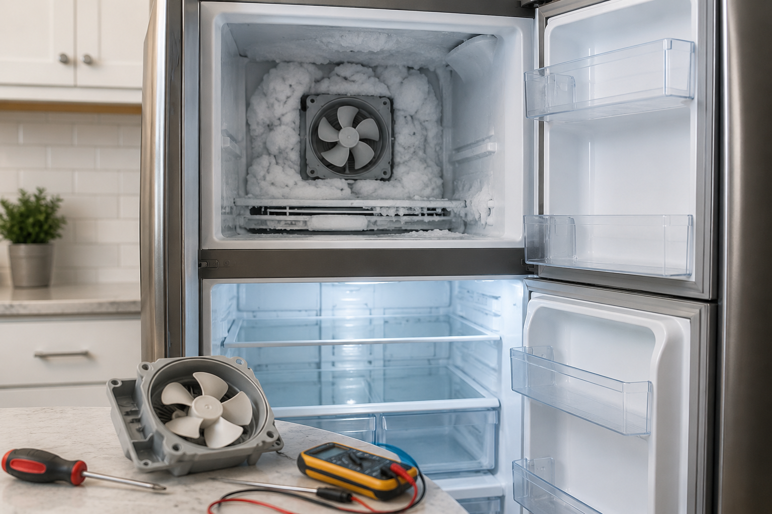 Frigidaire refrigerator with freezer panel open while inspecting evaporator fan and frost buildup causing SY EF error code in a modern kitchen scene